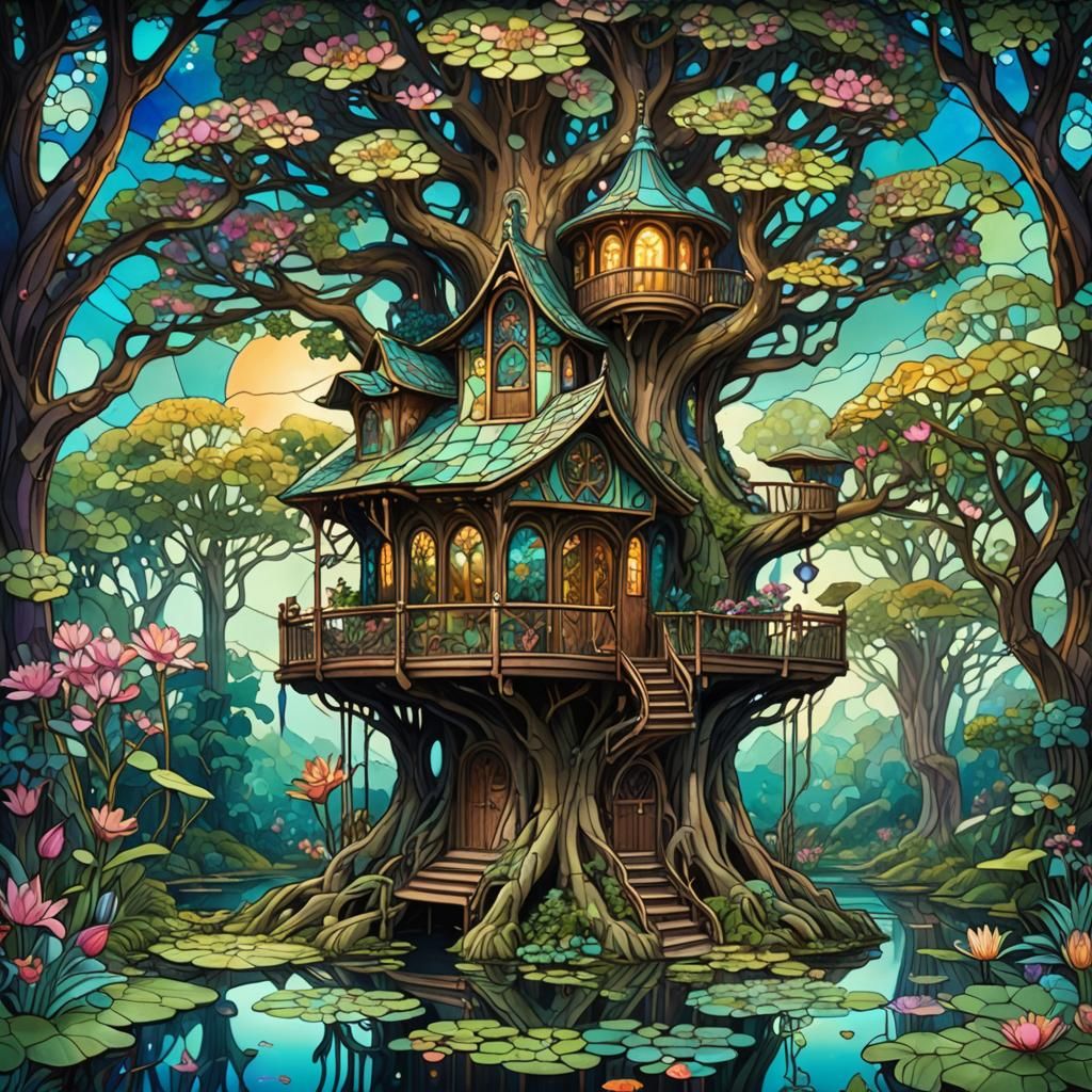 Art Nouveau Treehouse for Frogs with Lily Pads