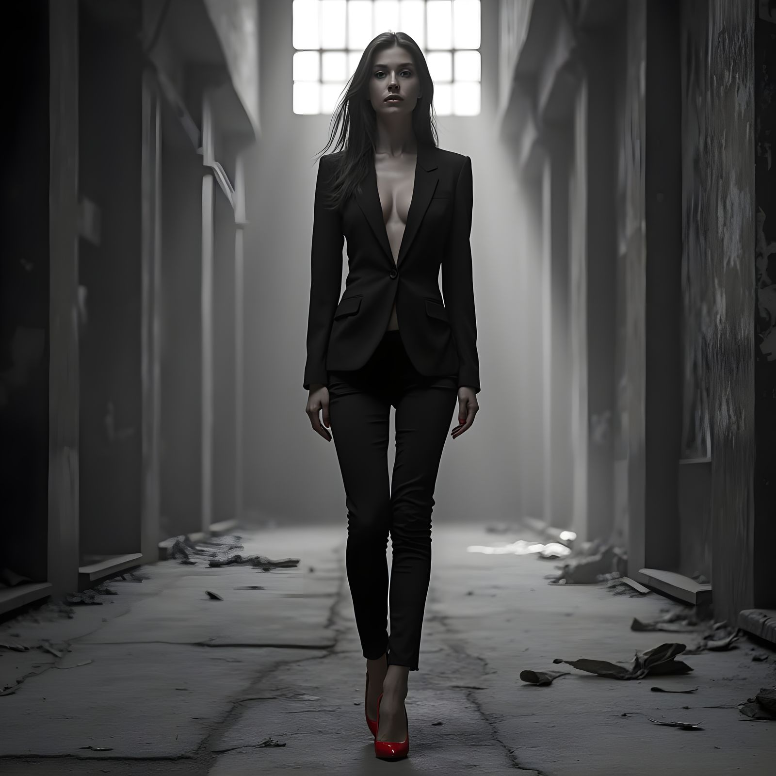 Woman in Red Heels in Abandoned Factory, Noir Photo