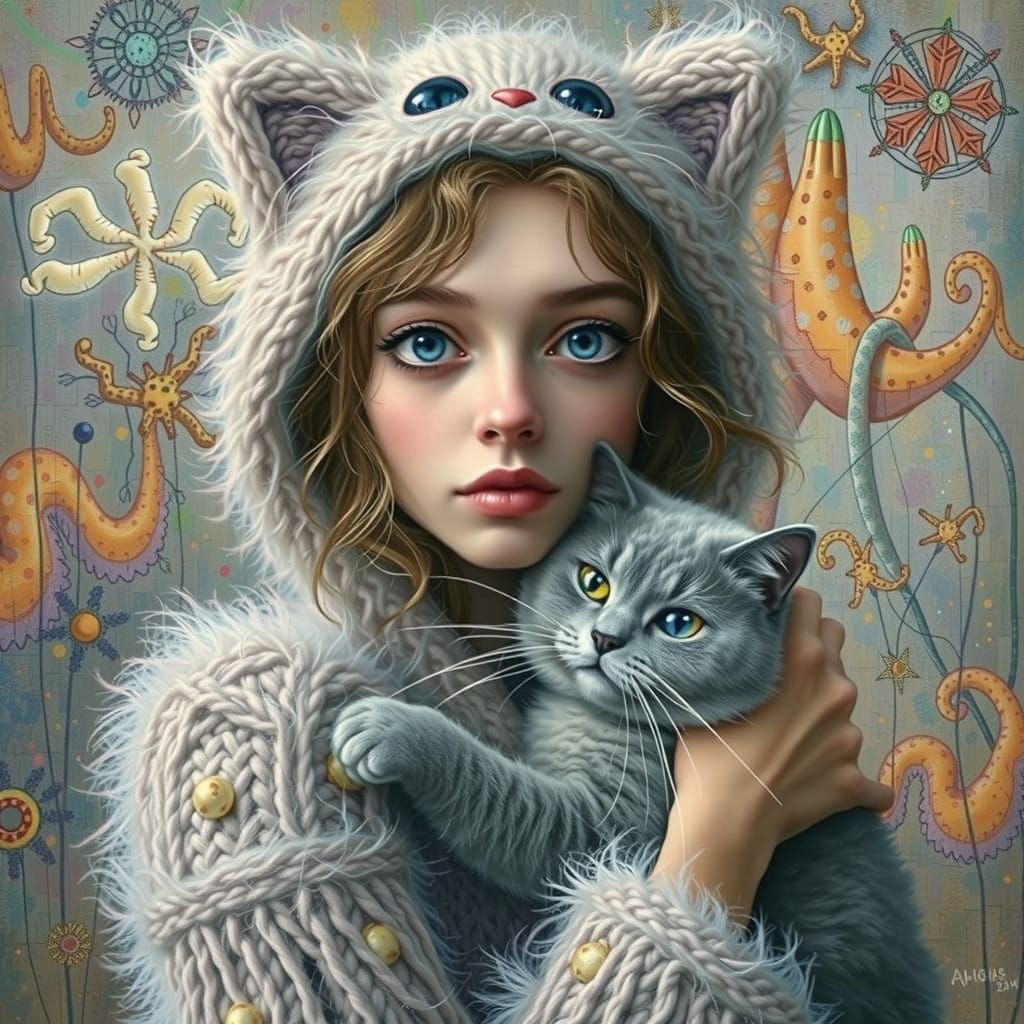 Dreamlike Portrait with Cat in Early Surrealist Style