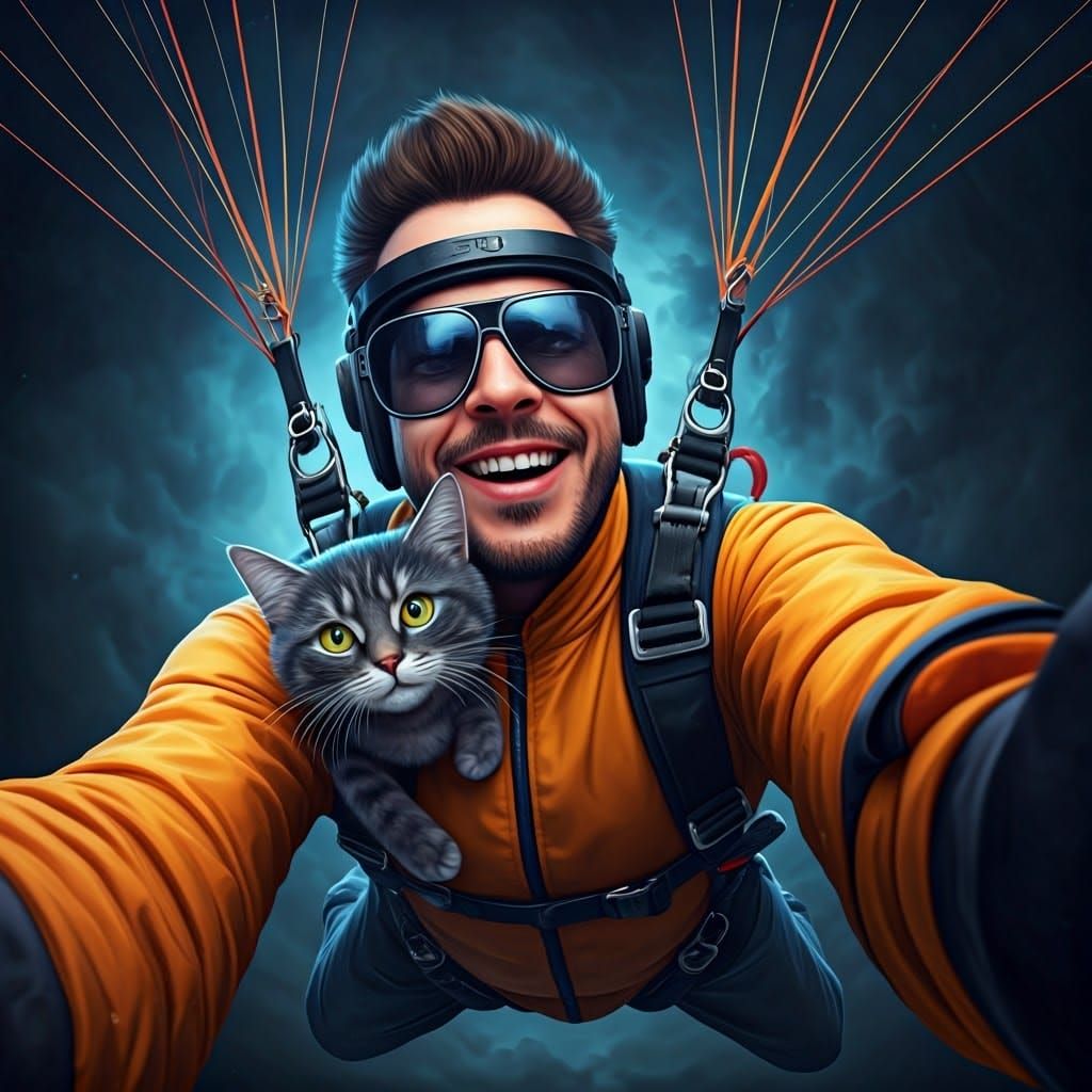 Skydiving Selfie with Happy Cat, Detailed Digital Art