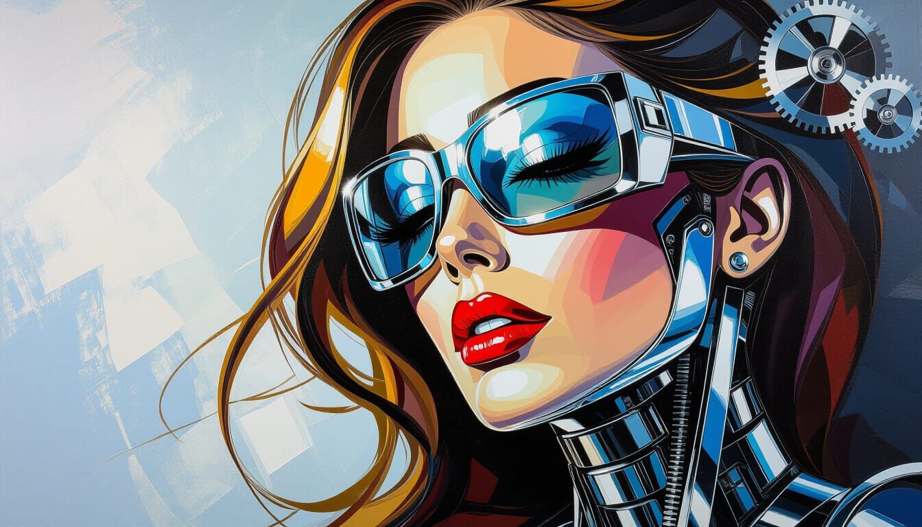 Chrome Cybernetic Woman Portrait as Surrealist Impasto Oil
