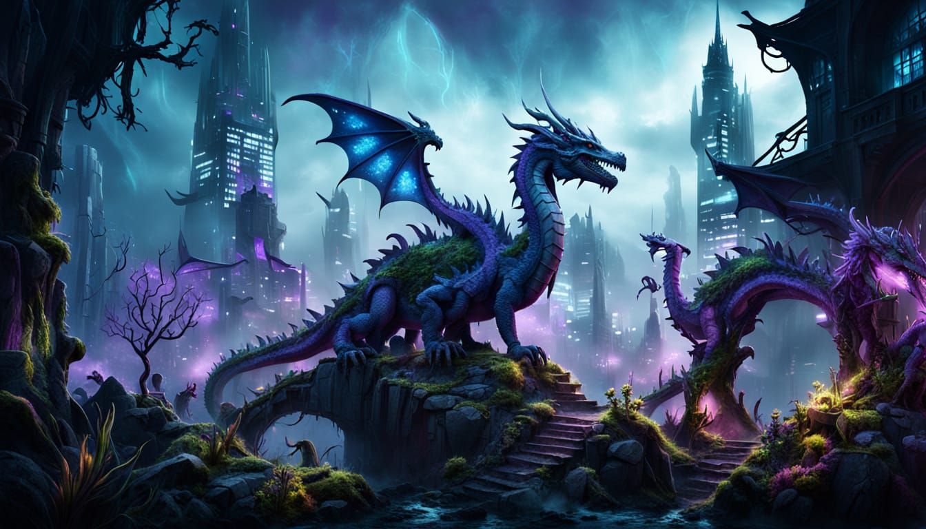 Moss Dragon Guards Overgrown Futuristic Cityscape