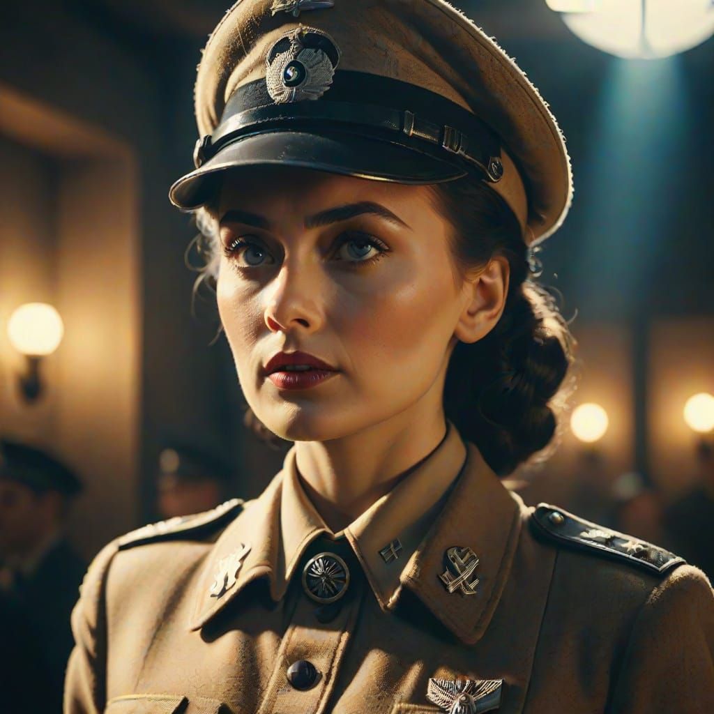 Exotic Woman in Vintage SS Uniform: Cinematic Film Still