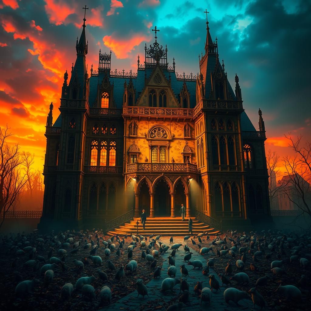 Rodents Infest Gothic Palace in Dystopian Art Style