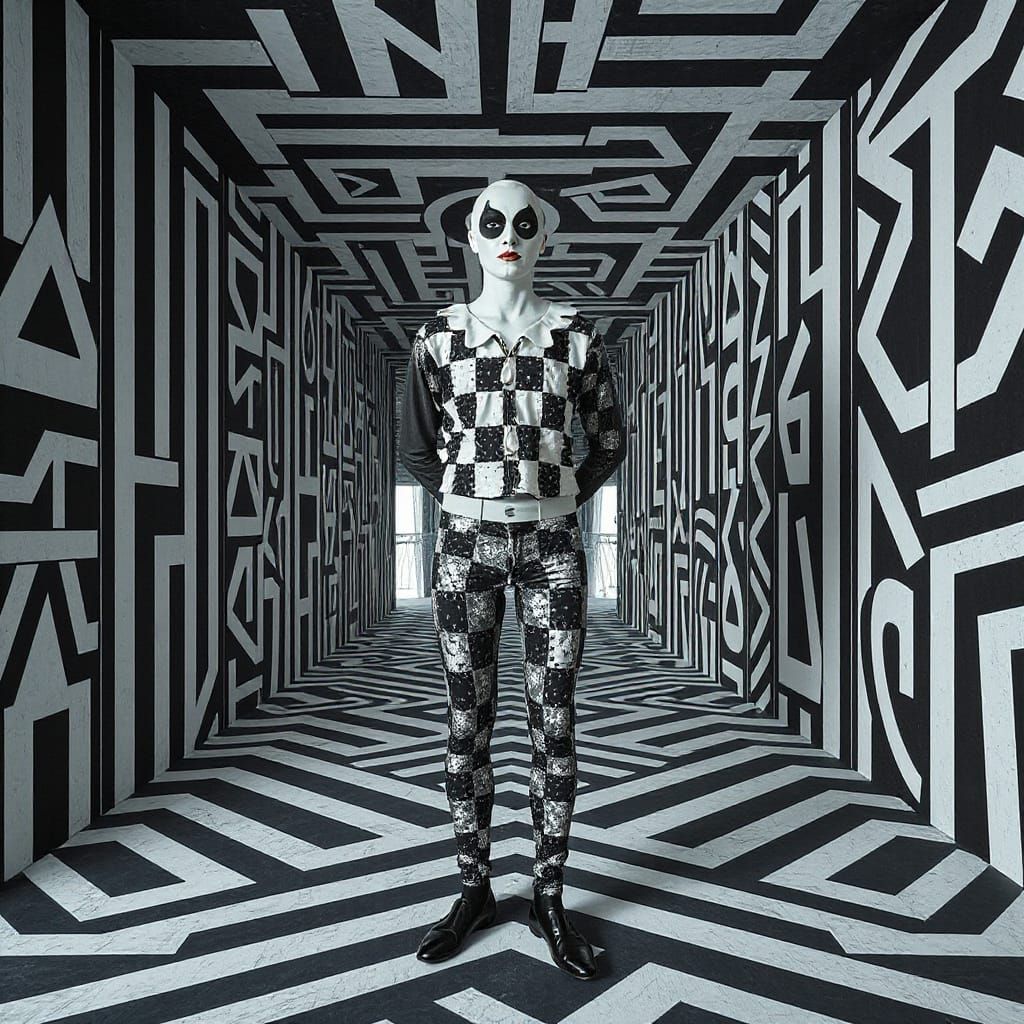 Harlequin Figure in Hypnotic Geometric Maze