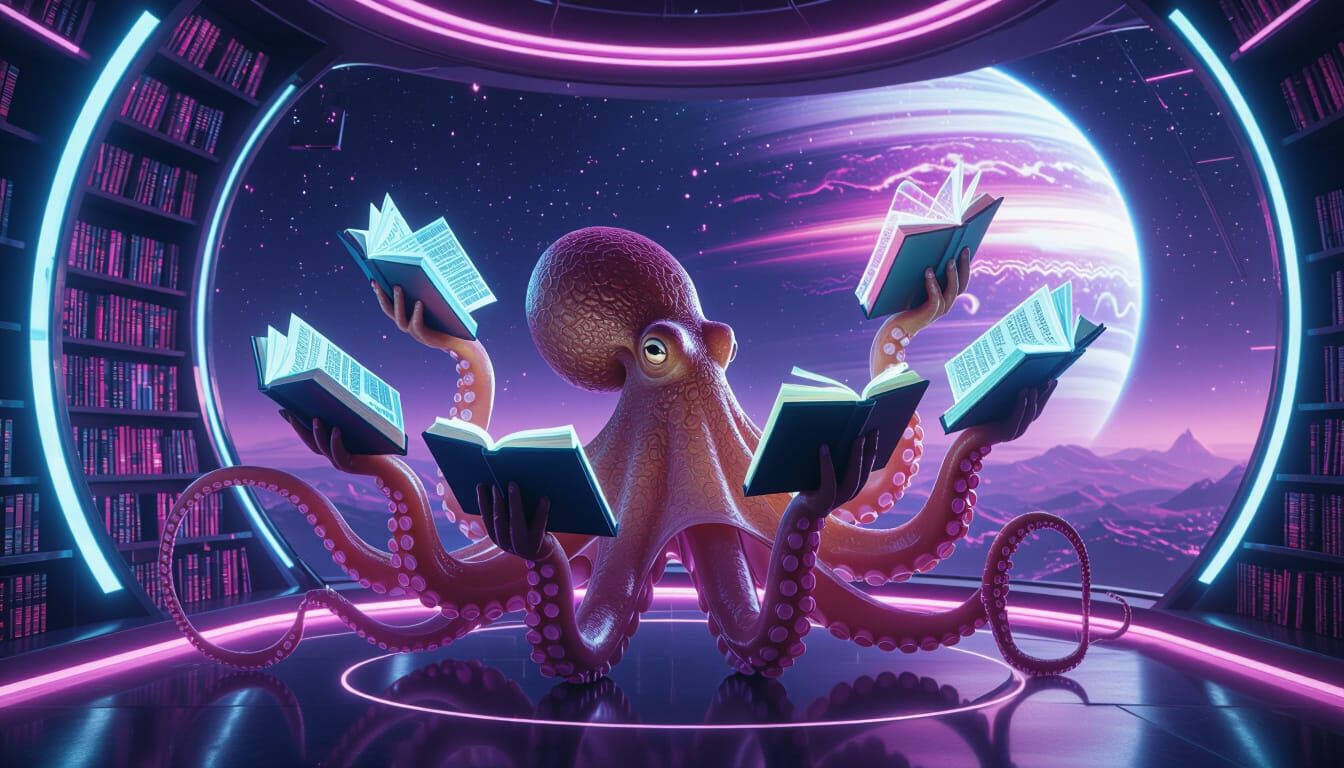 Octopus Librarian in Futuristic Space Station Library