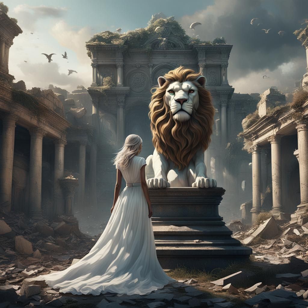 Surreal Woman in Ruins with Lion Statue