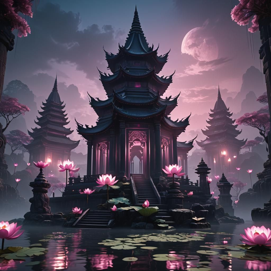 Glimmering Black Temple with Lotus in Fantasy Art