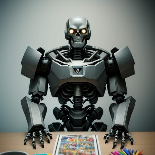 Robot Skeleton with Plush Toys and Crayons