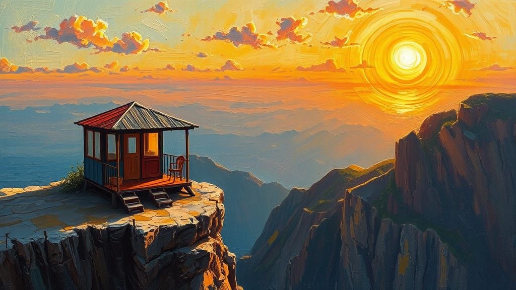 Whimsical Tea Shop on Cliff's Edge at Golden Hour