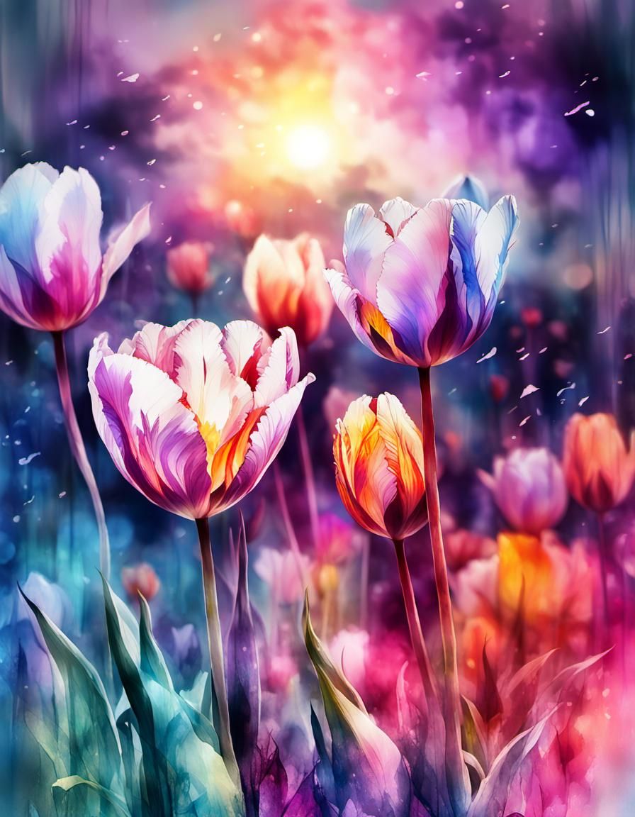 Cosmic Tulips in Digital Watercolor Illustration