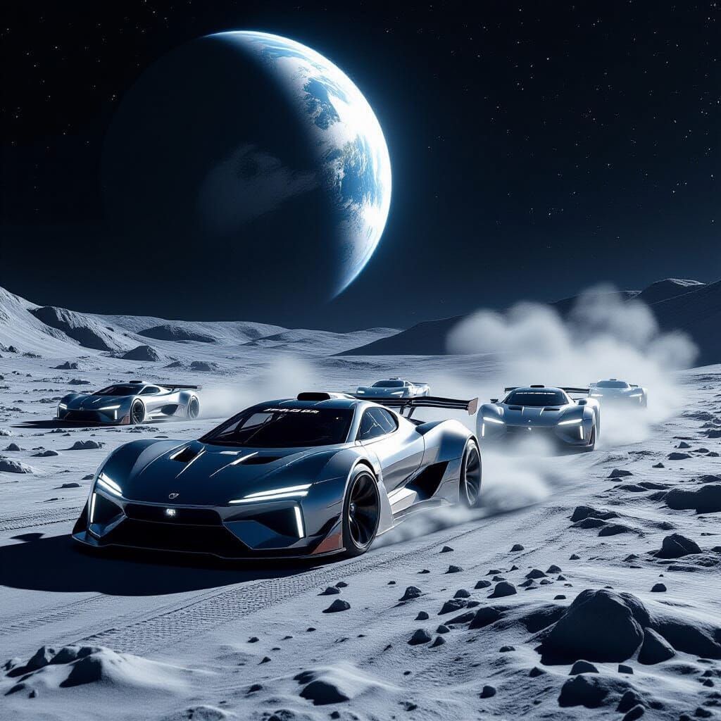 Lunar Supercars Speeding Across the Moon as Concept Art