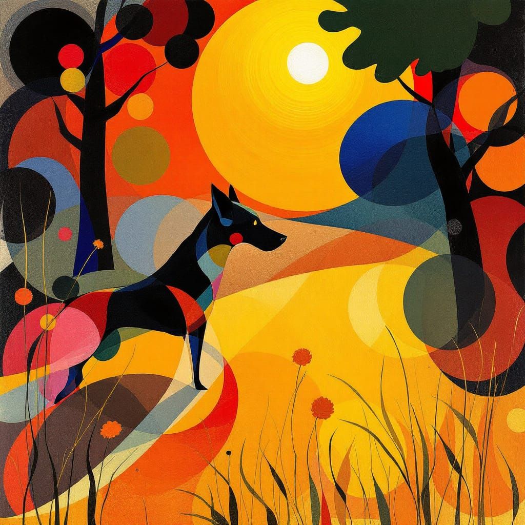 Dog in Sunlit Forest with Rhythmic Color Harmonies