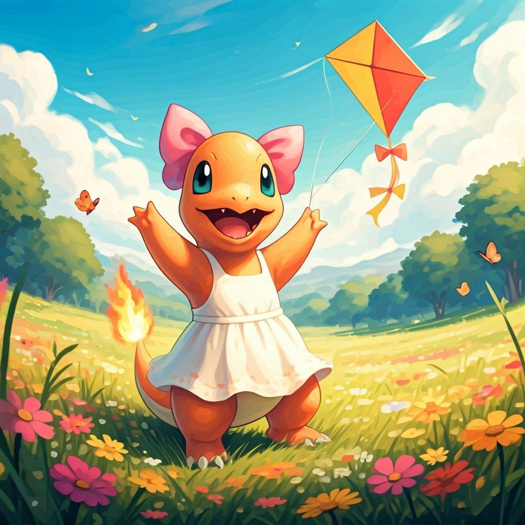 Cheerful Charmander Girl Flying Kite in Meadow
