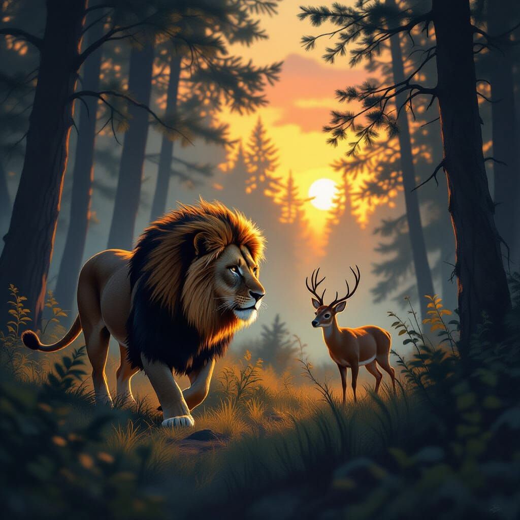 Lion Hunting in Forest: Realistic Wildlife with Eerie Lighti...