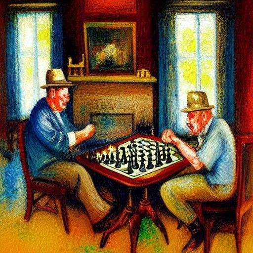 Chess Game in Drawing Room: Neo-Impressionist Oil Painting