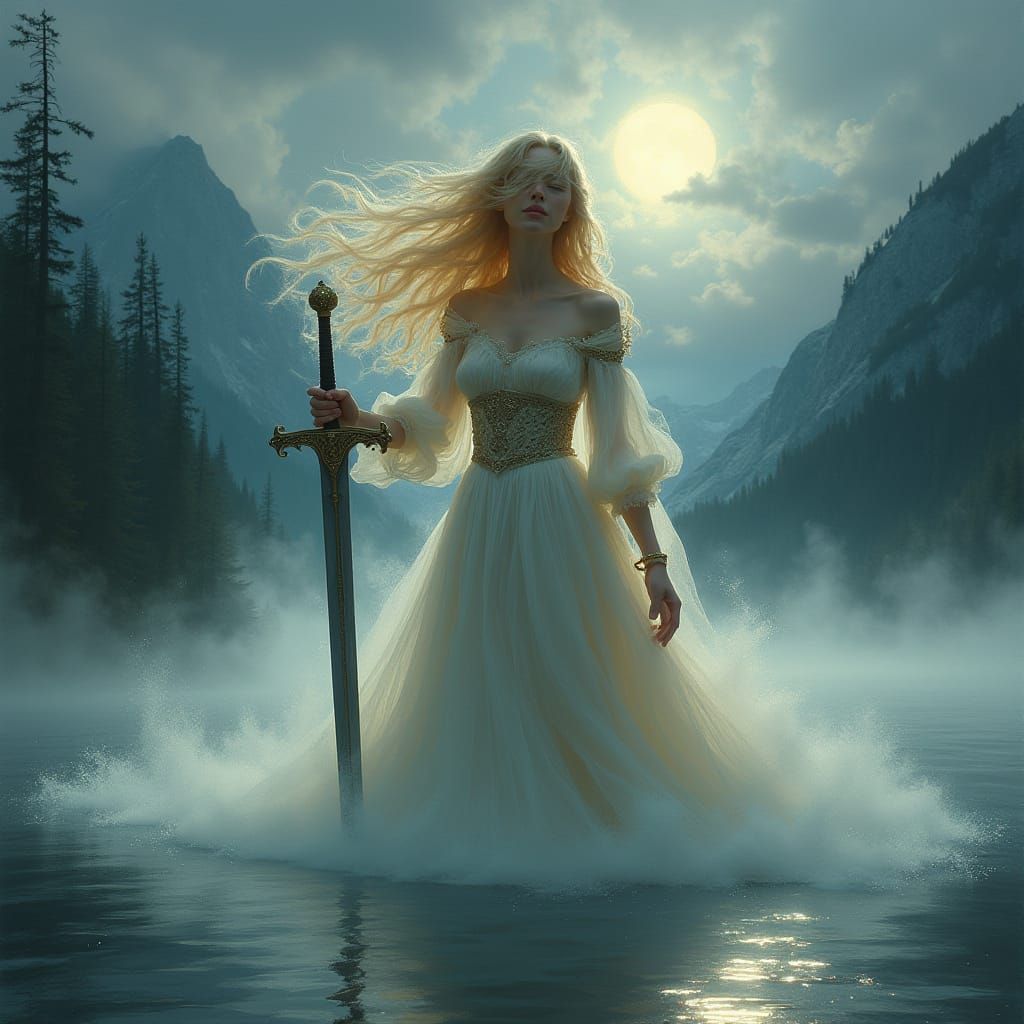Ethereal Fog Woman Emerges from Lake