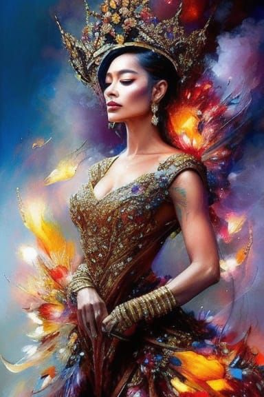 Queen with Crown of Fire: Digital Gouache Painting