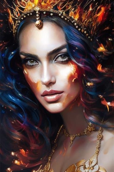 Fiery Queen Portrait in Oil and Gouache