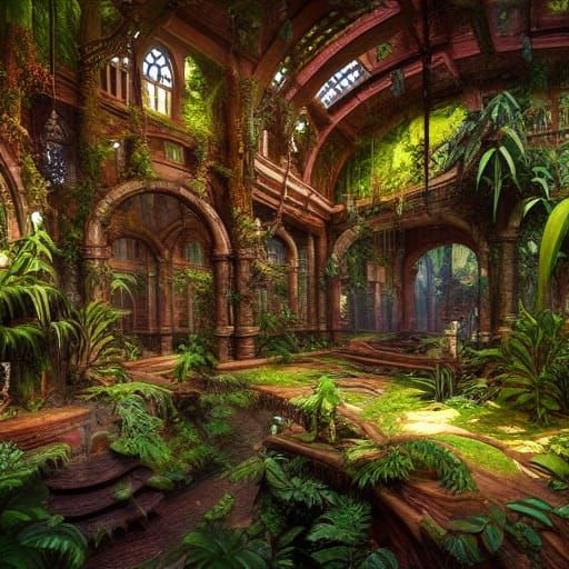 Steampunk Jungle Ruins Interior: Detailed Matte Painting