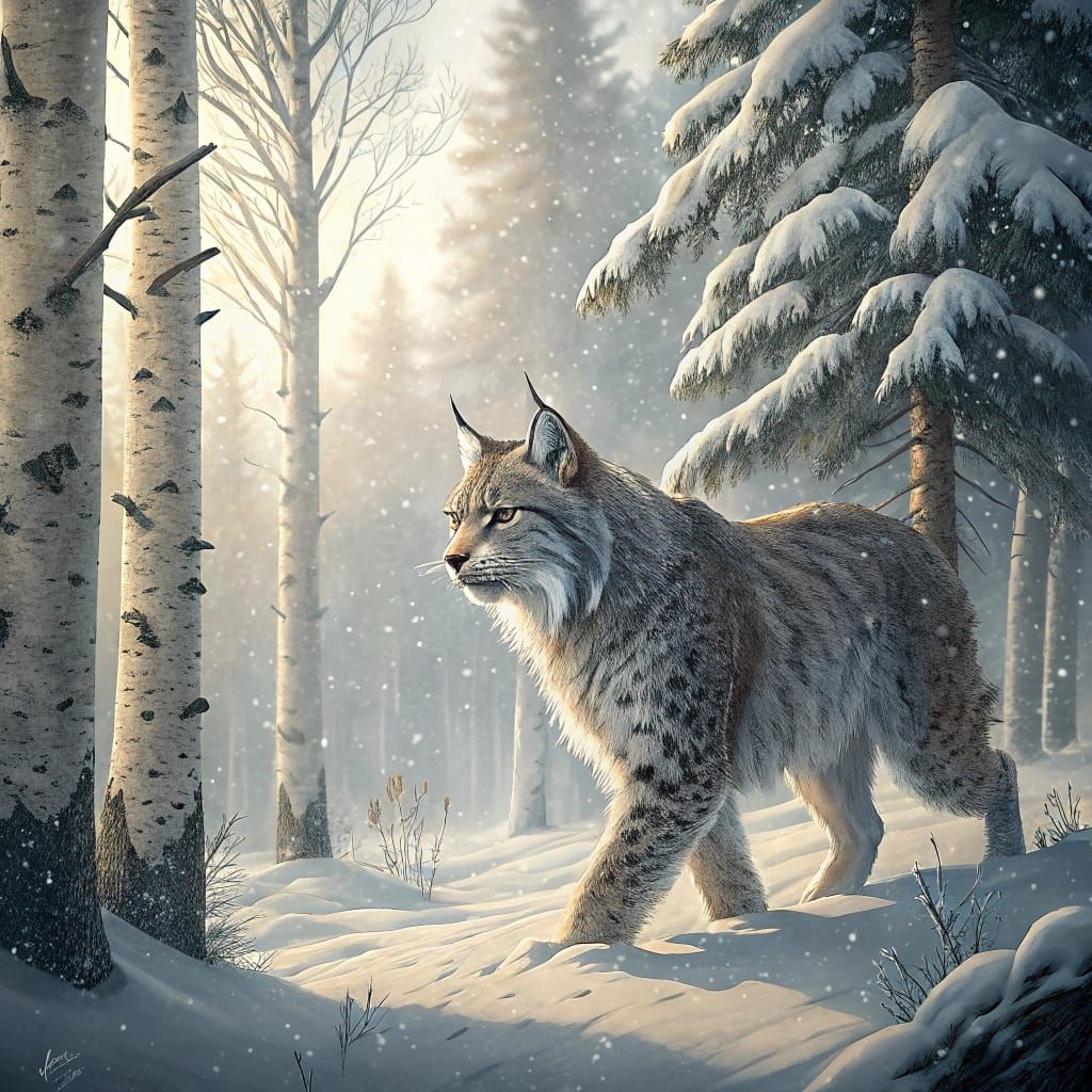 Lynx in Winter Birch Forest, Hyperrealistic Rendering