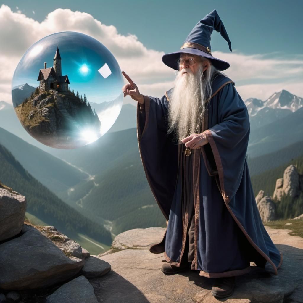 Wizard Communicates with Orb on Mountainside