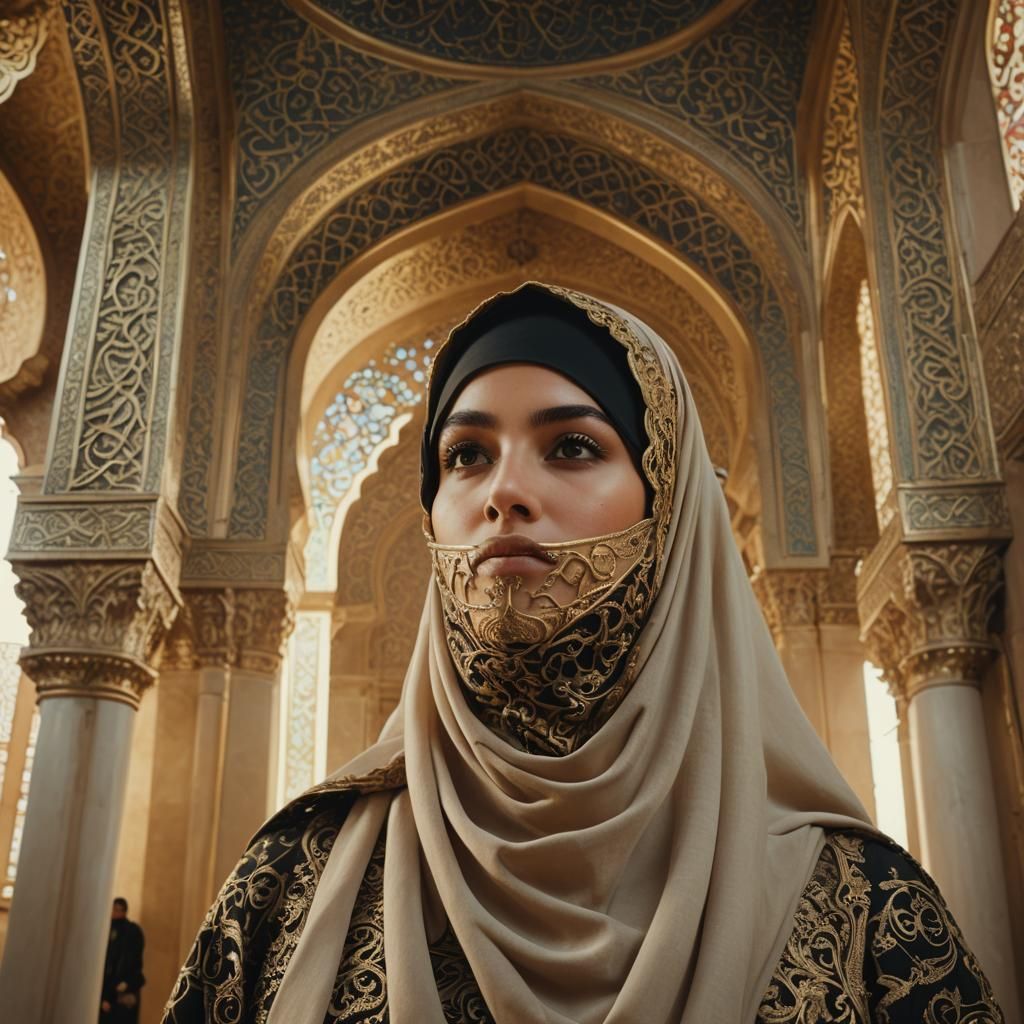Serene Muslim Woman in Ornate Mosque, Baroque Style
