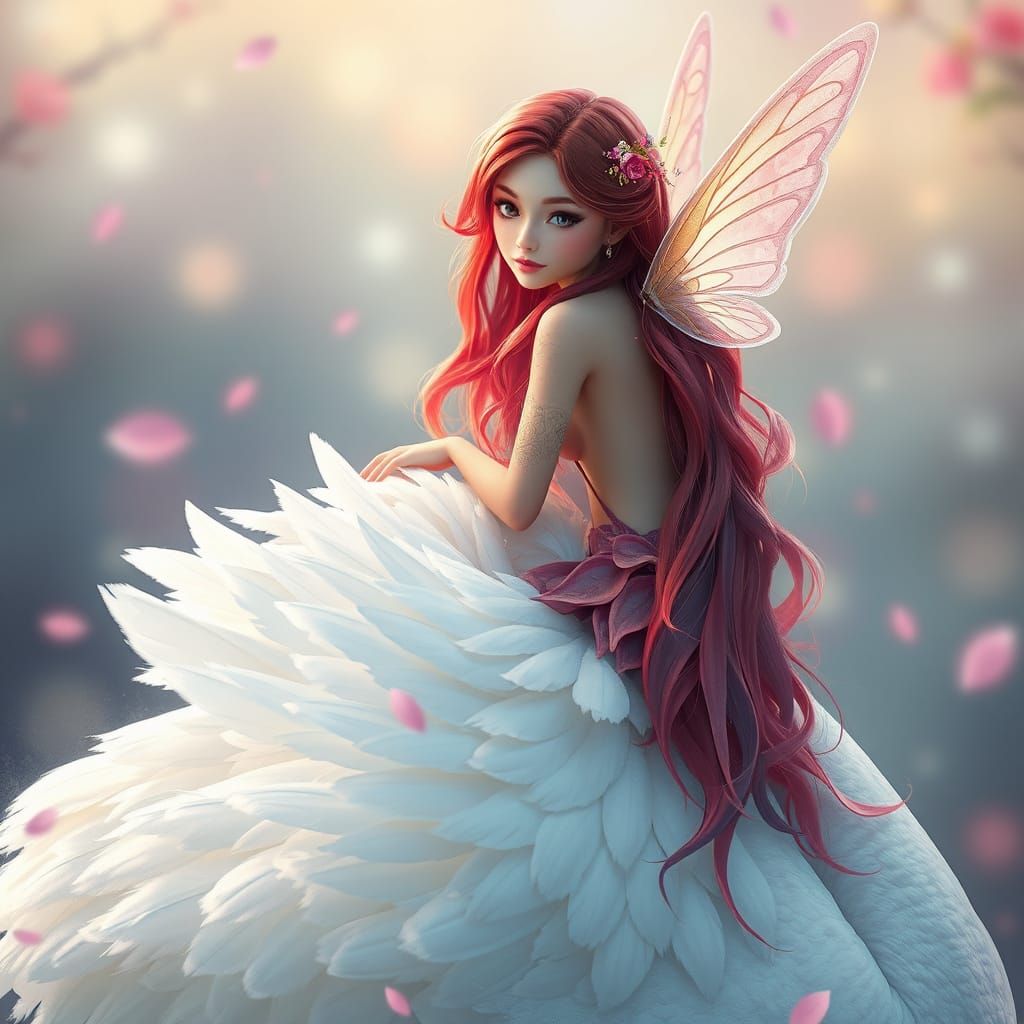 Whimsical Fairy Perched on Majestic Swan in Dreamlike Landsc...
