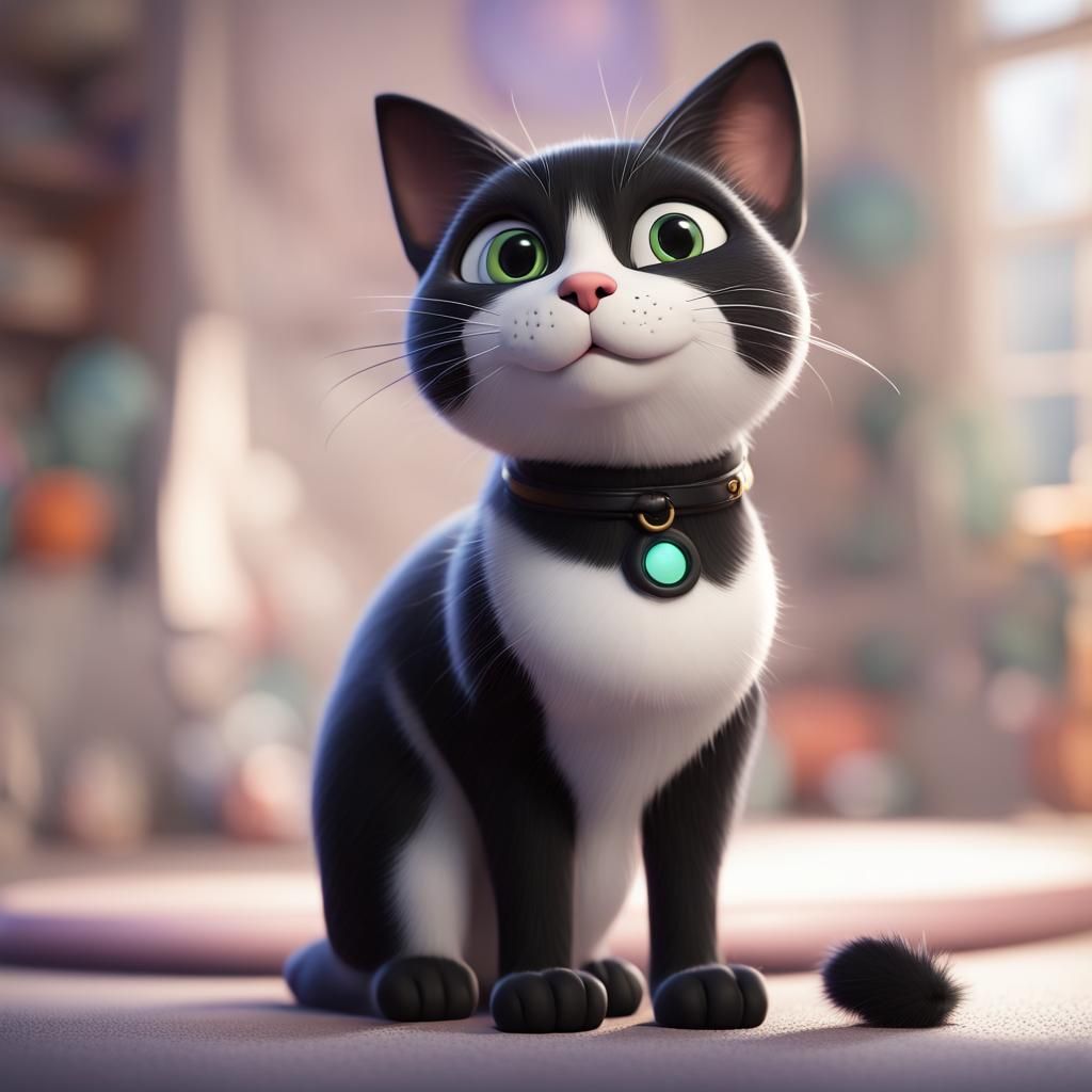 Cute Black and White Cat in Pixar Style
