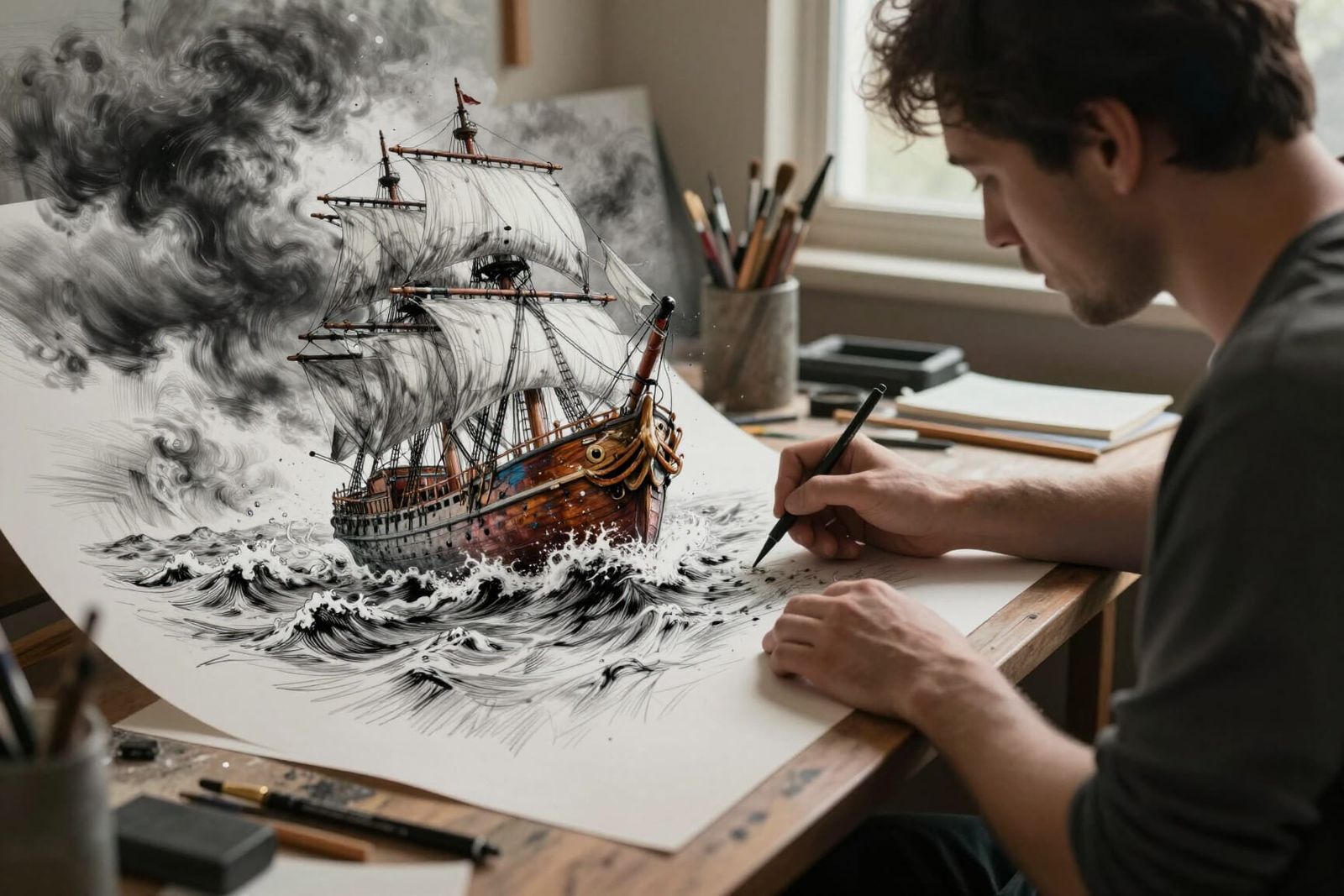 Artist Studio Scene with Drawing Coming to Life