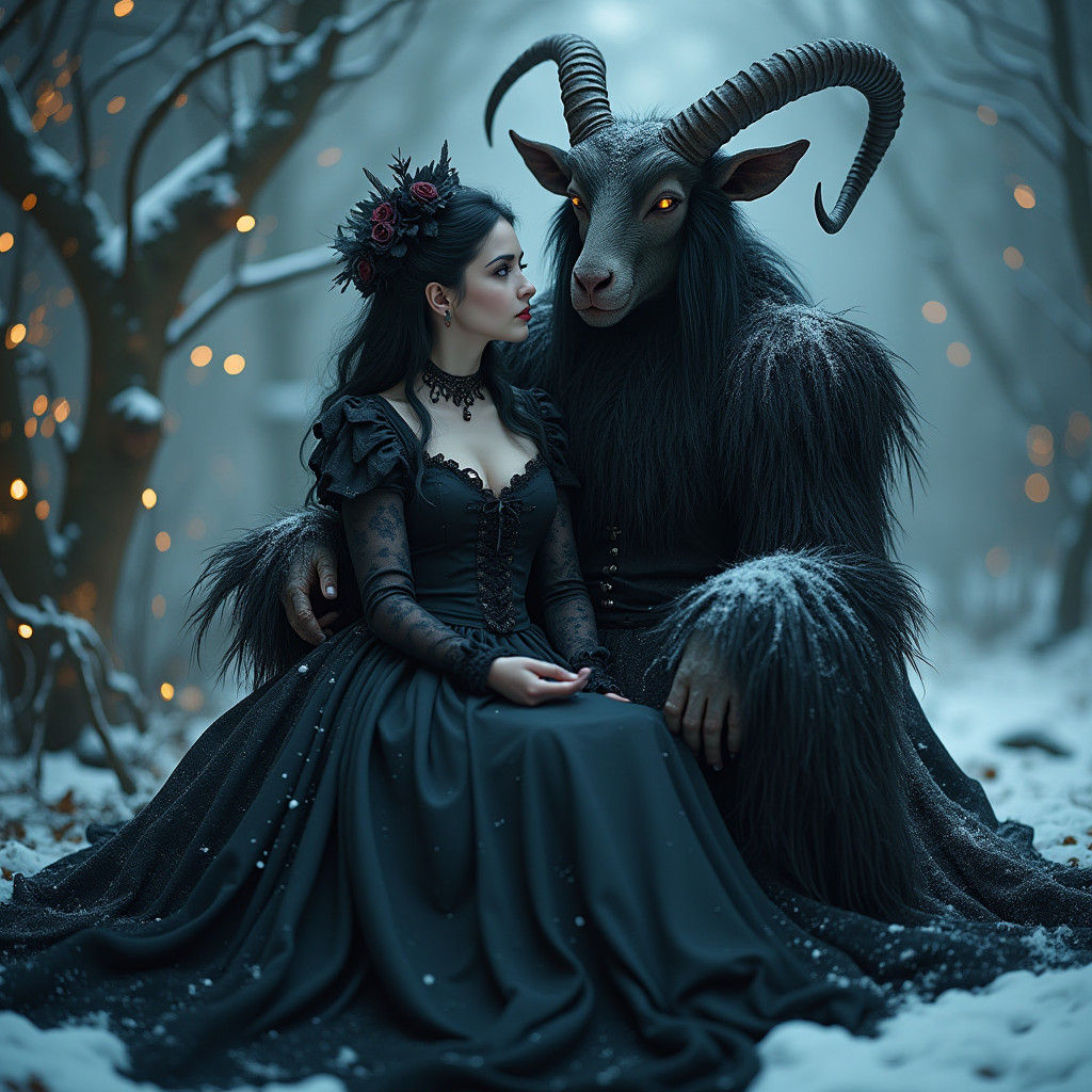 Gothic Woman and Krampus in Winter Wonderland