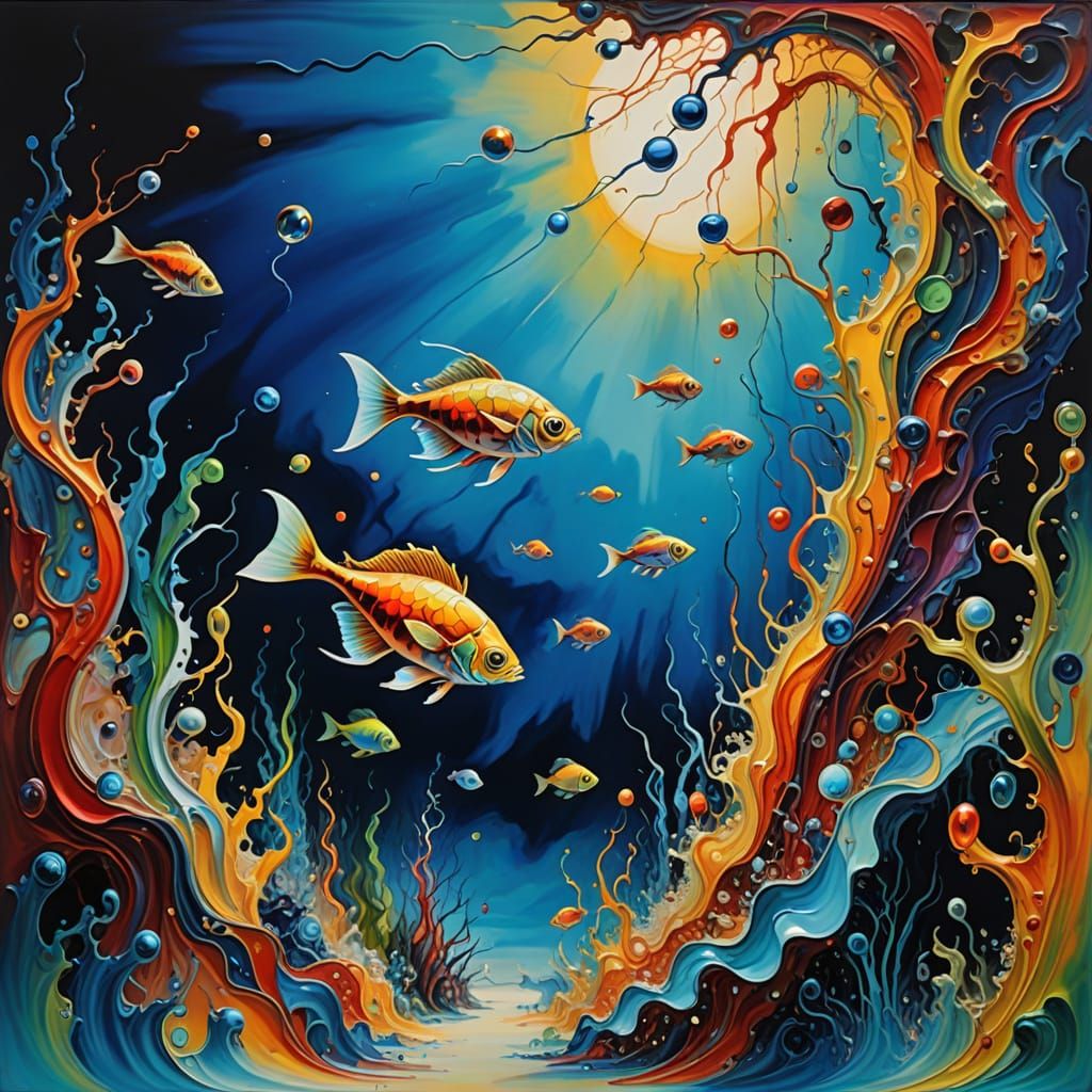 Vibrant Neo-Impressionist Fish Tank Scene