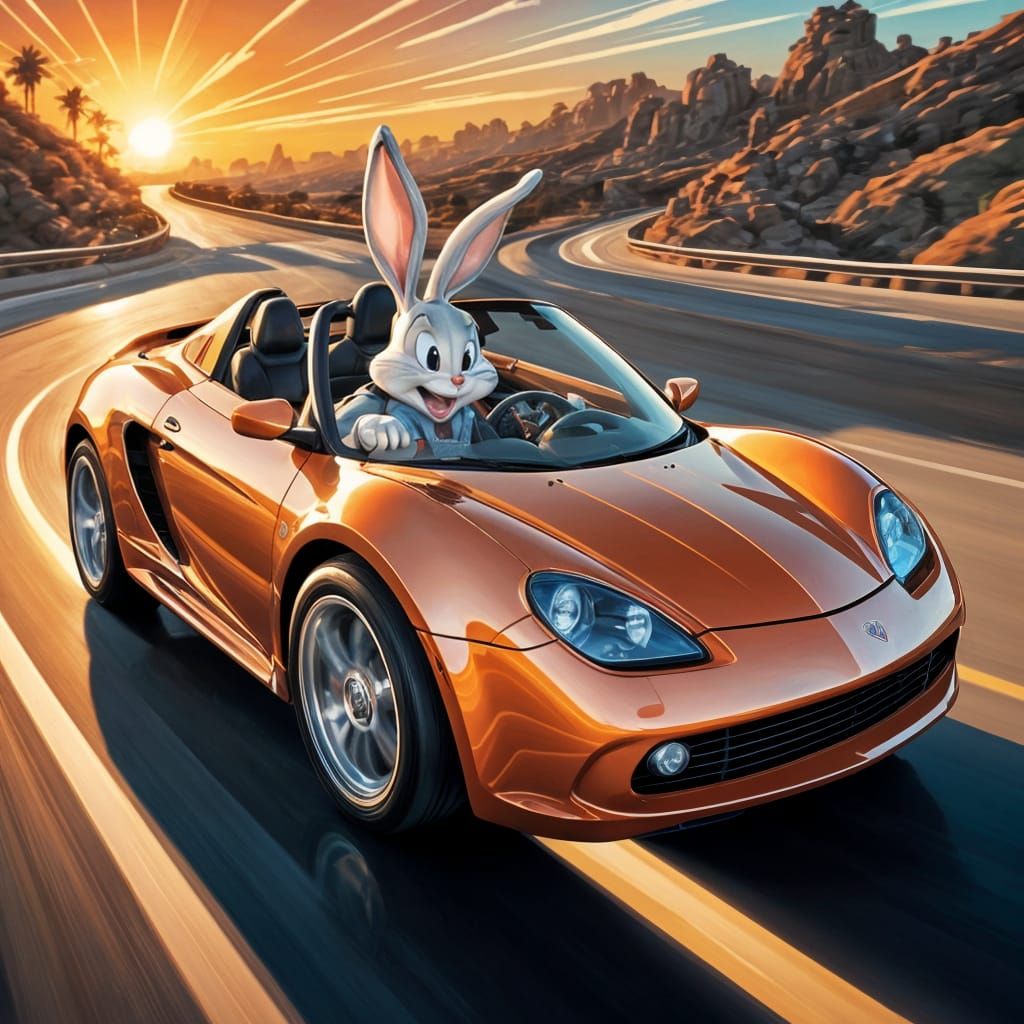 Bugs Bunny Driving Supercar in Comic Book Art