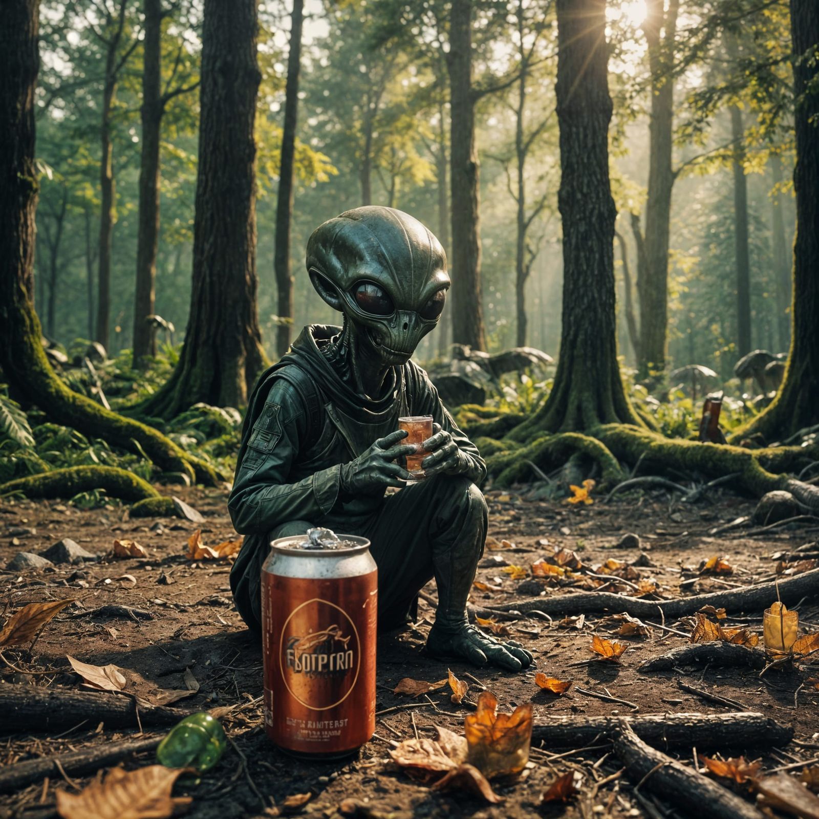 Alien Enjoys Soda in Forest City