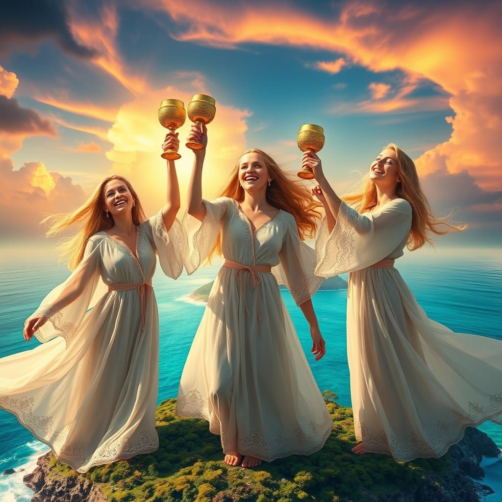 Three Alices in Ethereal Robes Raise Golden Goblets in Whims...