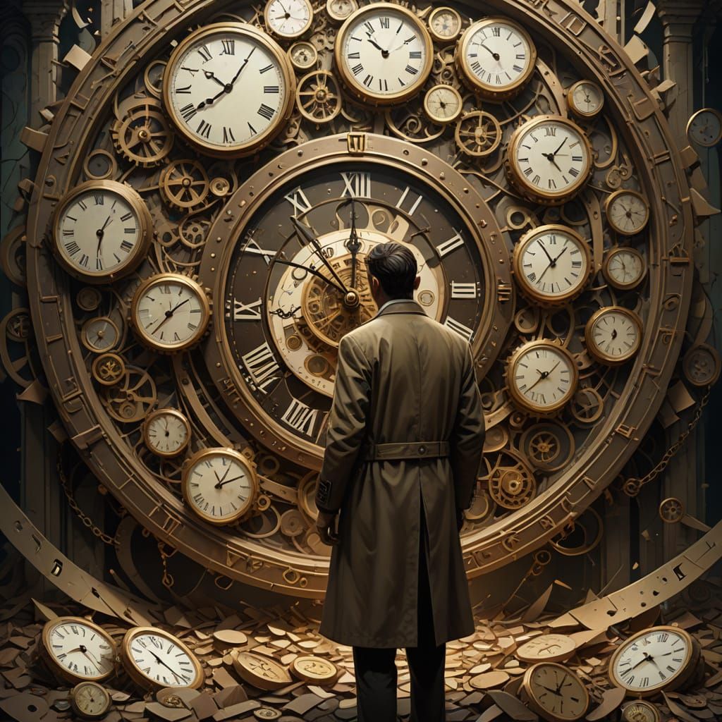 Surreal Figure Carries Fragmented Clocks and Time Symbols