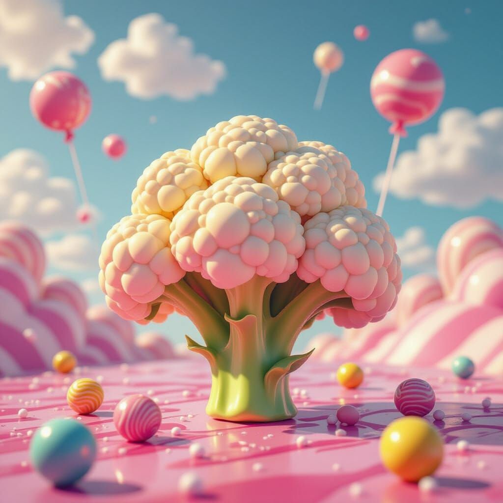 Whimsical Cauliflower in Vibrant Candyland Art Style