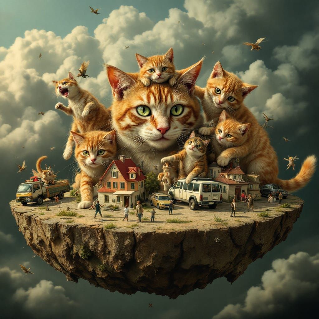Surrealistic Cats Pushing World in Cartoon Fantasy Style