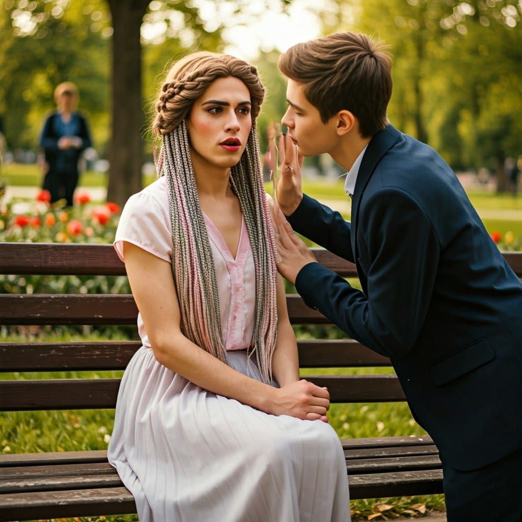 Androgynous Figure on Park Bench in Feminine Attire