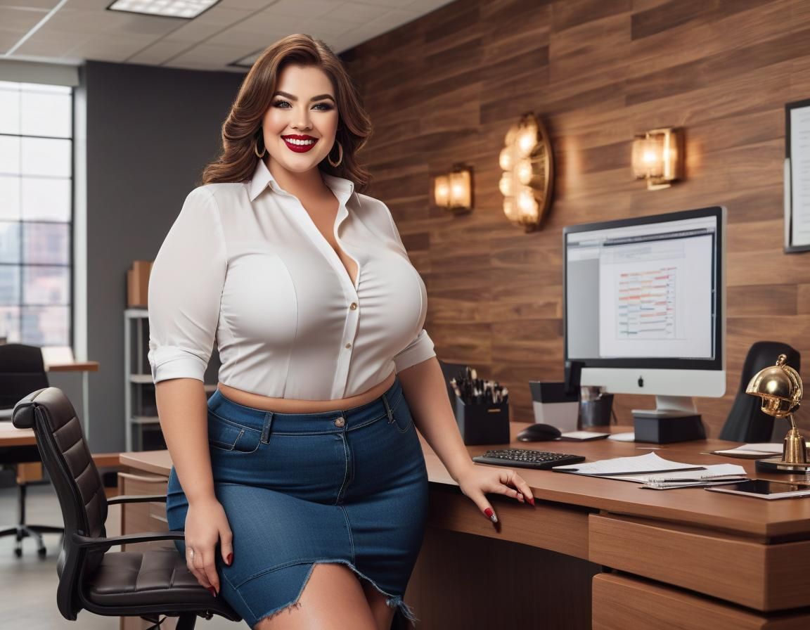 Smiling Plus-Size Woman in Elaborate Office