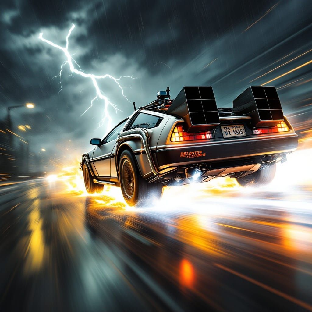 Back to the Future DeLorean Speeds Through a Thunderstorm