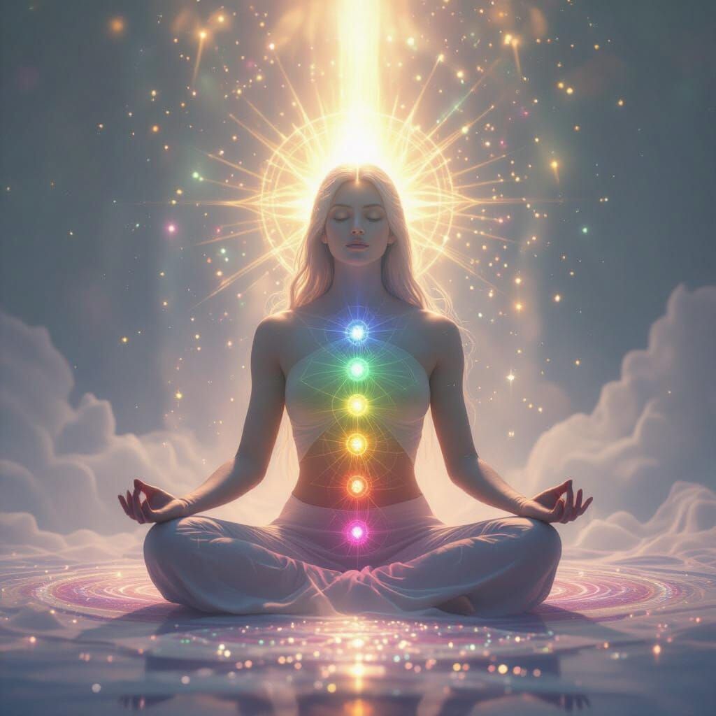 Meditating Figure Ascends with Radiant Chakra Energy