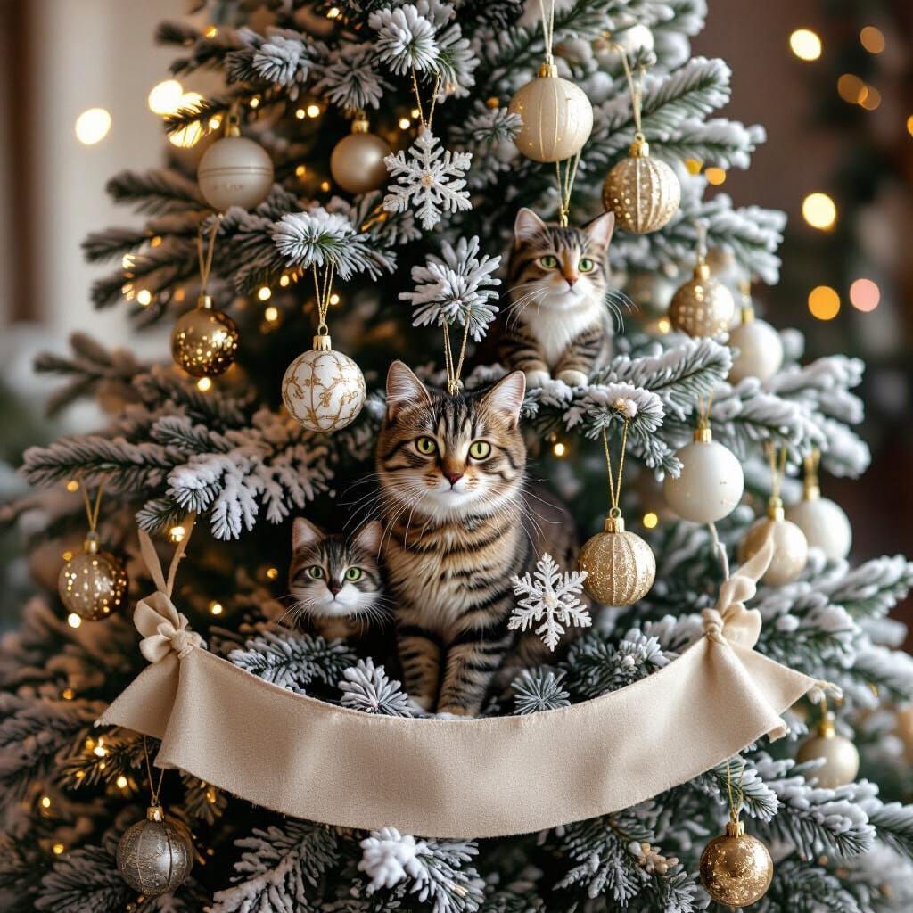 Fairytale Christmas Tree with Tabby Cat Ornaments in Snow
