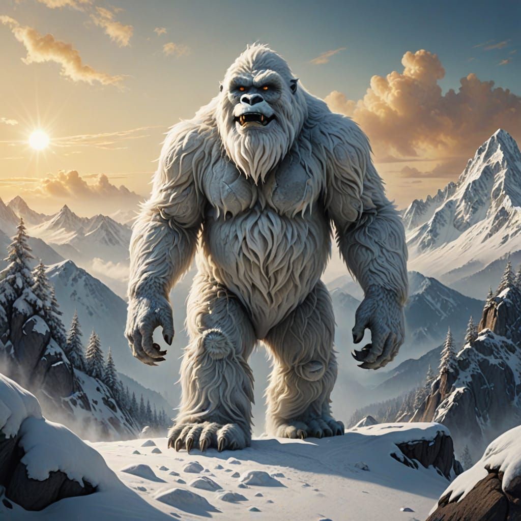 Abominable Snowman Climbing Snowy Peak in Golden Light
