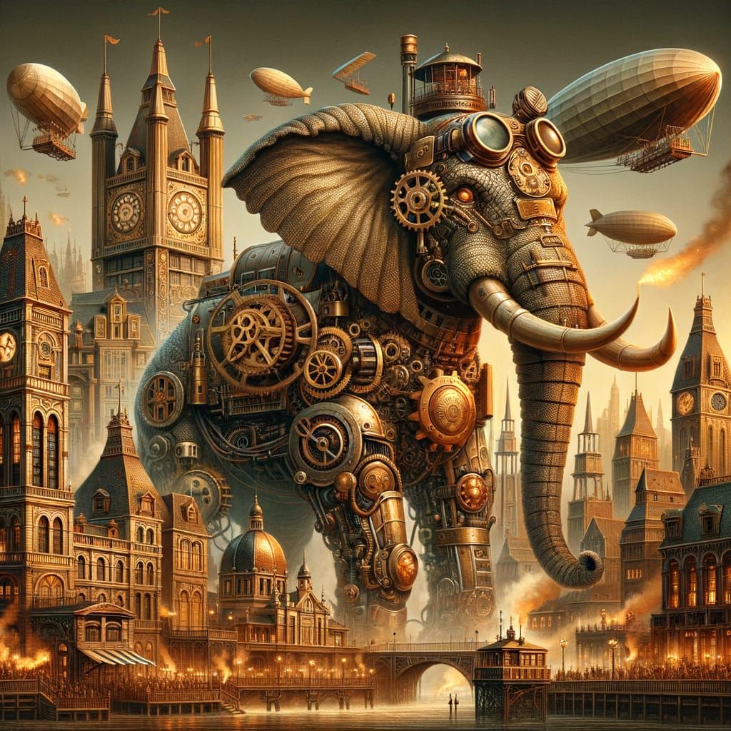 Steampunk Elephant in Victorian Cityscape