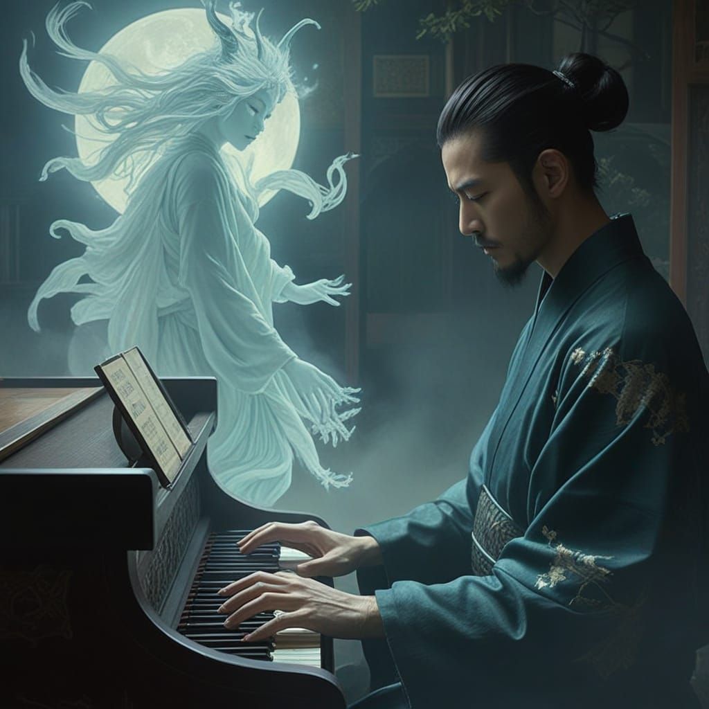 Ethereal Samurai Plays Telharmonium in Dreamlike Pre-Raphael...