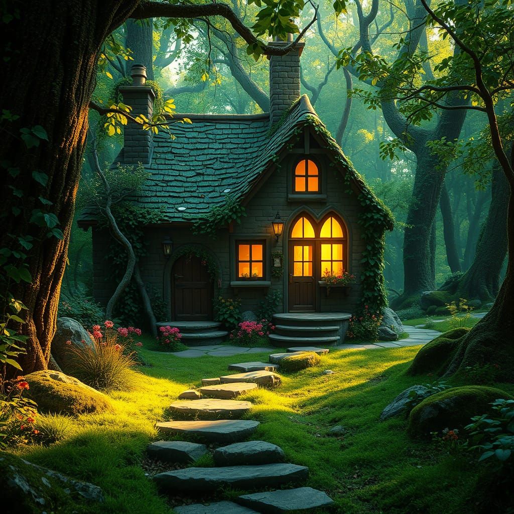 Fantastical Forest Cottage Under Golden Light