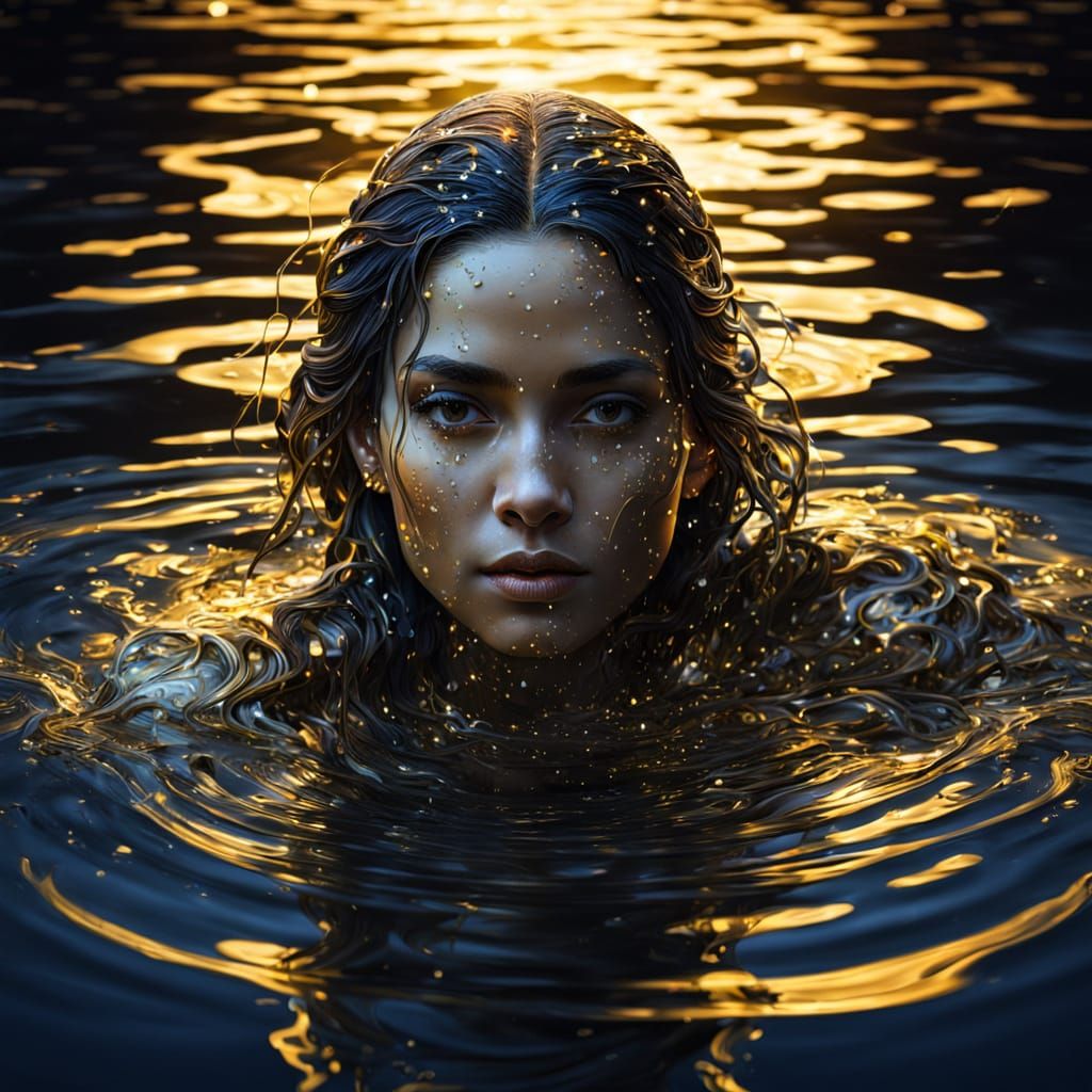 Woman Emerging from Liquid Gold Lake Under Moonlight