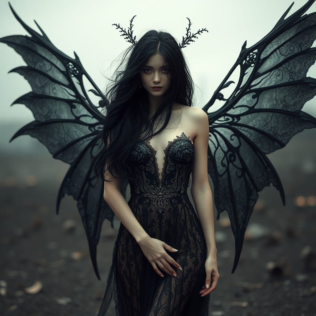 Dark Gothic Fairy in Dystopian Landscape