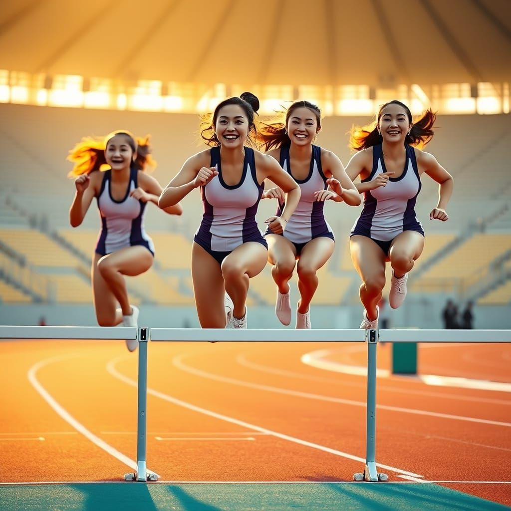 Four Taiwanese Women Mid-Leap in Golden Hour Race